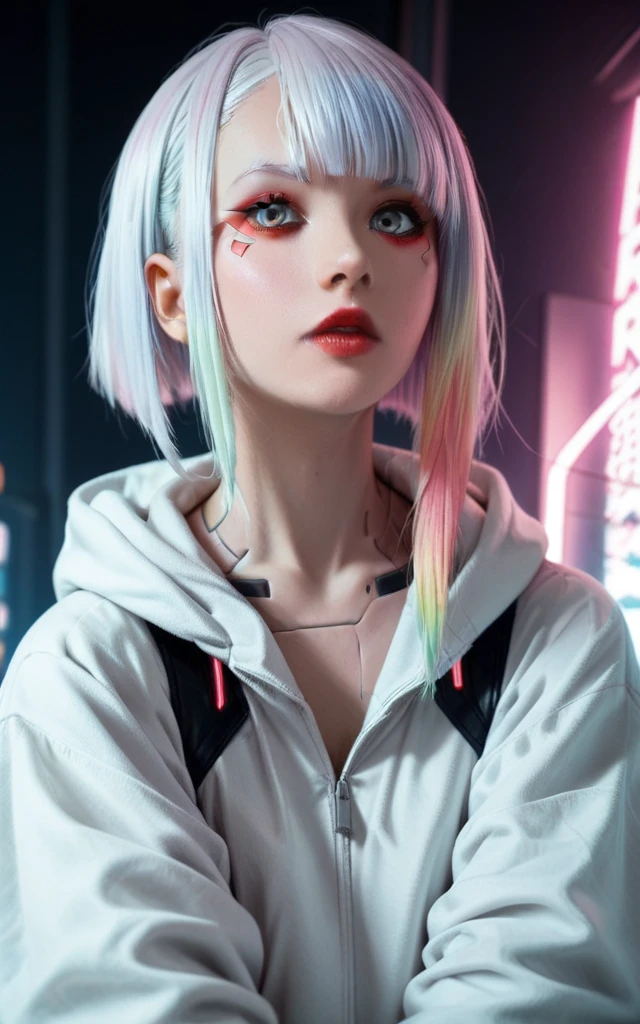 lucy \(cyberpunk\), wide angle, 1girl, hime cut, silver hair, colored tips, grey eyes, , looking at viewer, medium hair, multicolored hair, parted bangs, parted lips, pink hair, red eyeliner, red lips, white hoodie, cyberpunk \(series\)