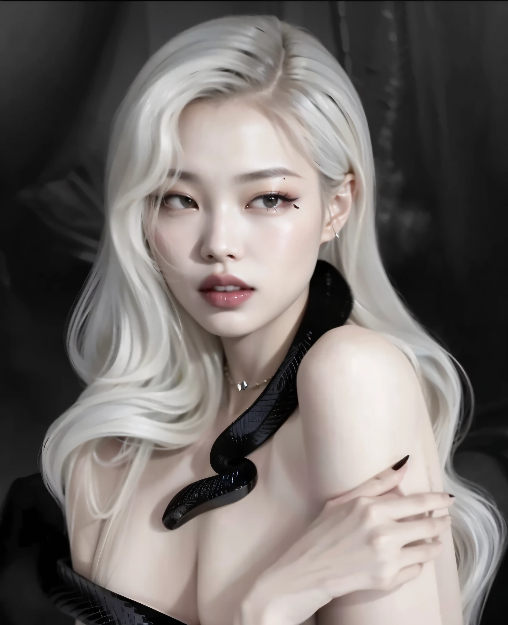 Jennie 8K Super Realistic Beautiful Blackpink platinum hair with a black mamba wrapped around her neck