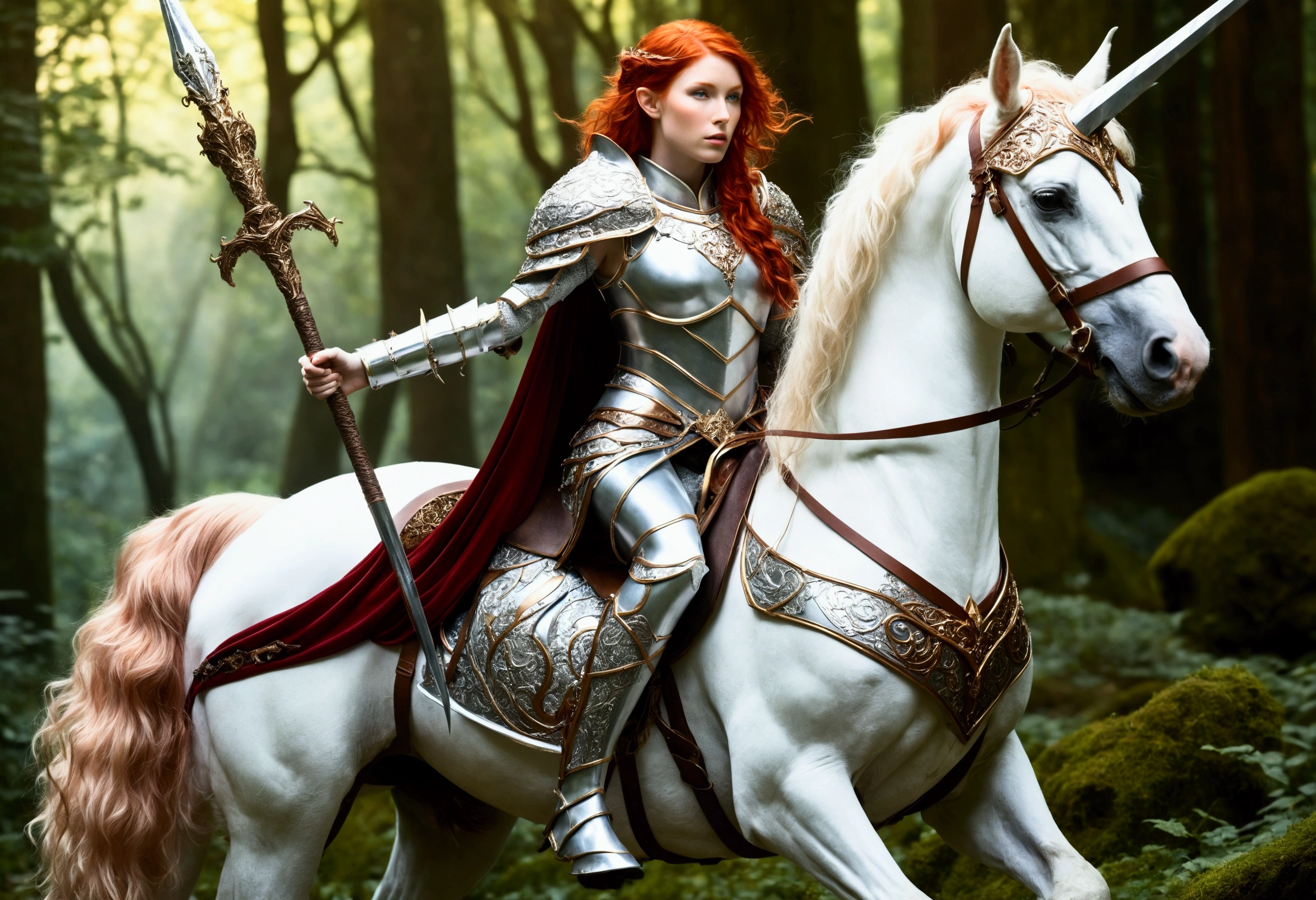 A lovely red headed elf woman (sexy mithril plate armor, ornate cape, enchanted electric lance) riding upon a powerful white steed with unicorn themed mithril barding. enchanted forest