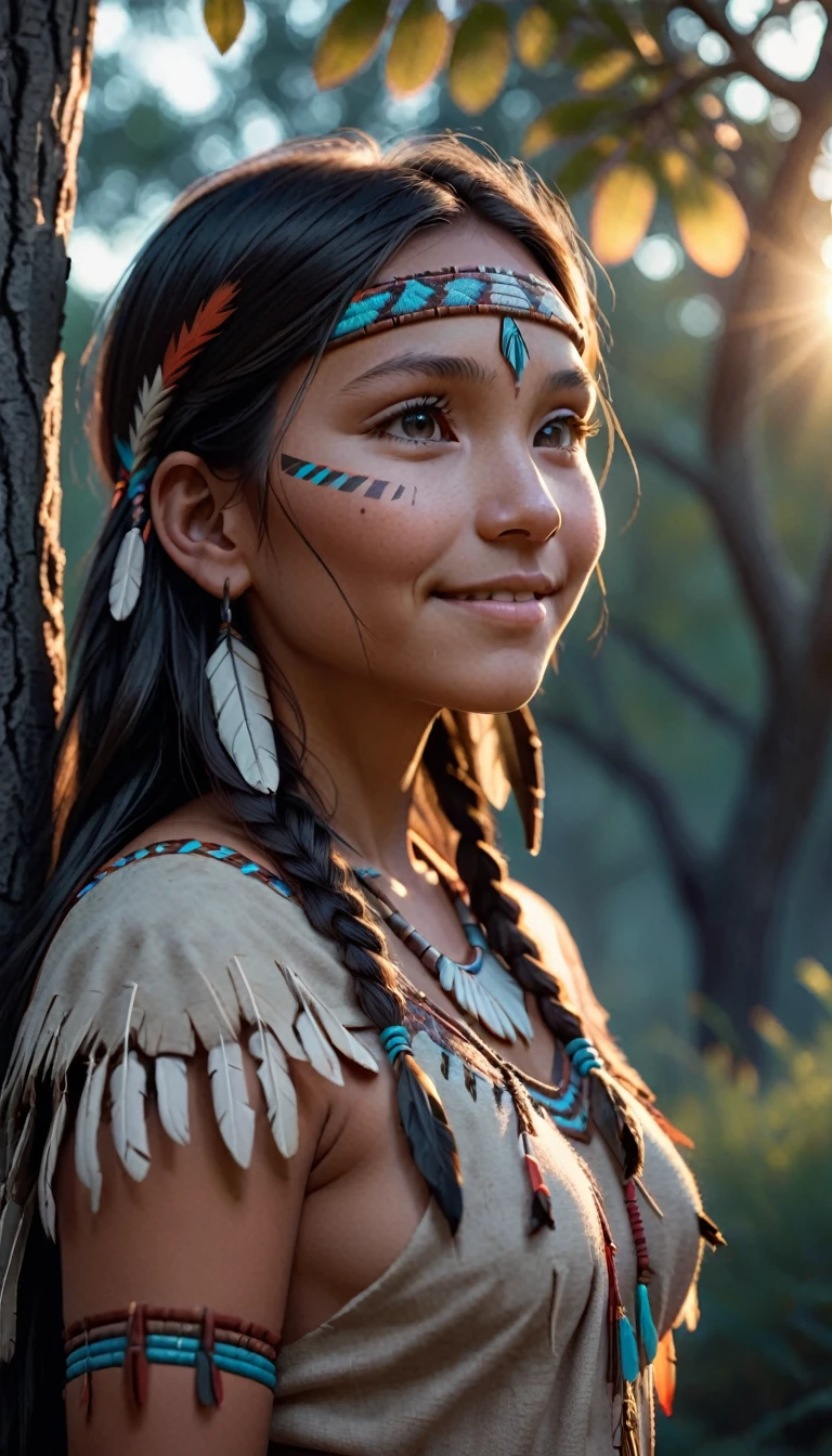 (grainy:0.5), cinematic, girl,native american,fantasy,(solo:1.3), detailed eyes, detailed face, detailed native american clothing , volumetric lighting, dusk, extremely detailed background, standing next to tree, smiling, half closed eyes, tilted head, from side,breasts and nipples