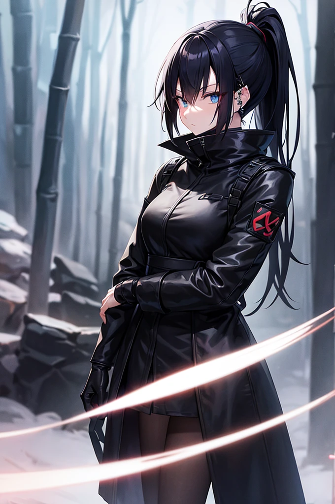 anime, female, ninja, bamboo forest, black hair tied back, half mask, piercing blue eyes, night time, fog, worn black leather clothing, tanto