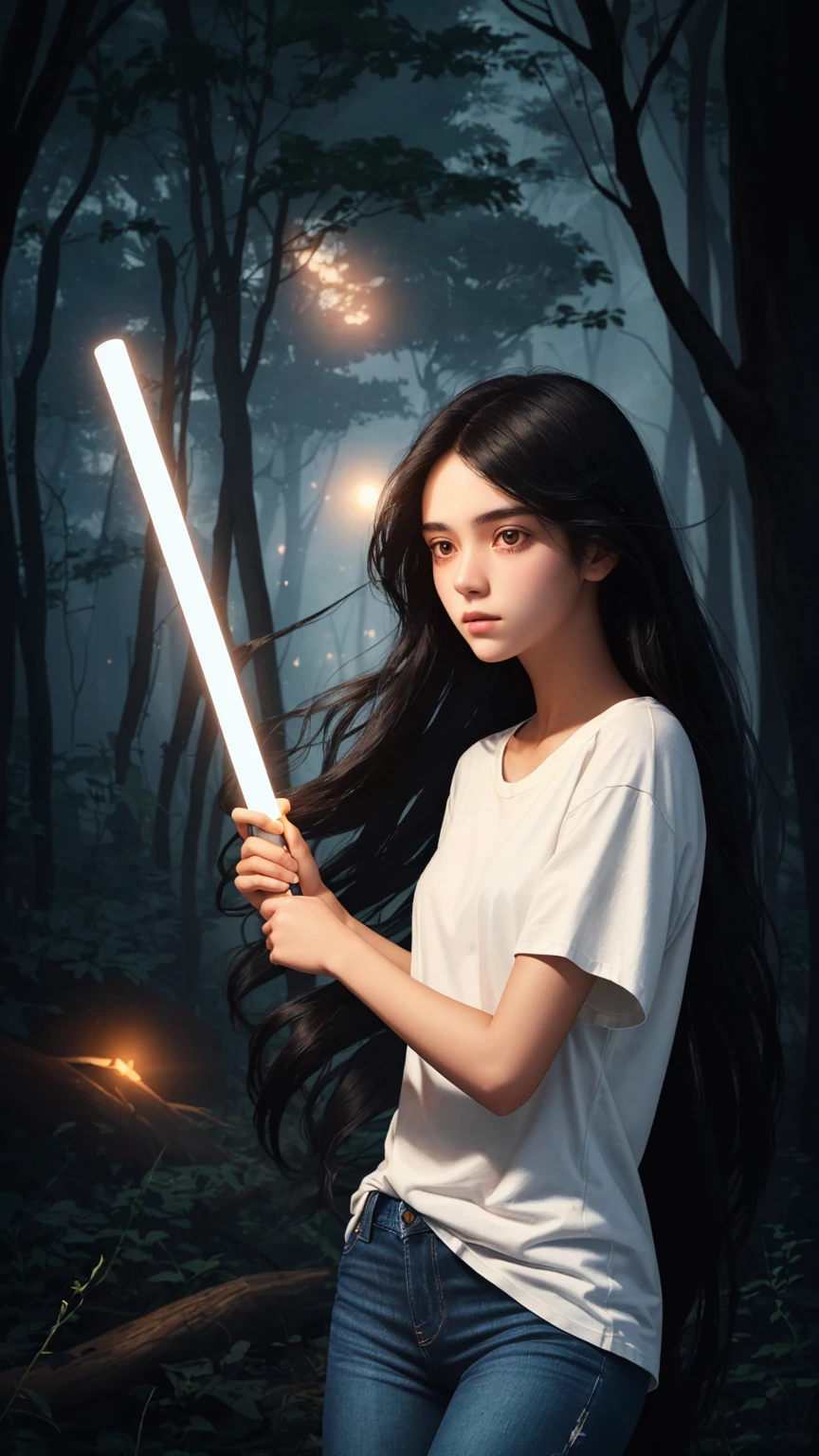 a digital illustration of a long black haired teenage girl holding a glowing stick. The girl is wearing a plain white t-shirt and jeans. the background is dark and spooky