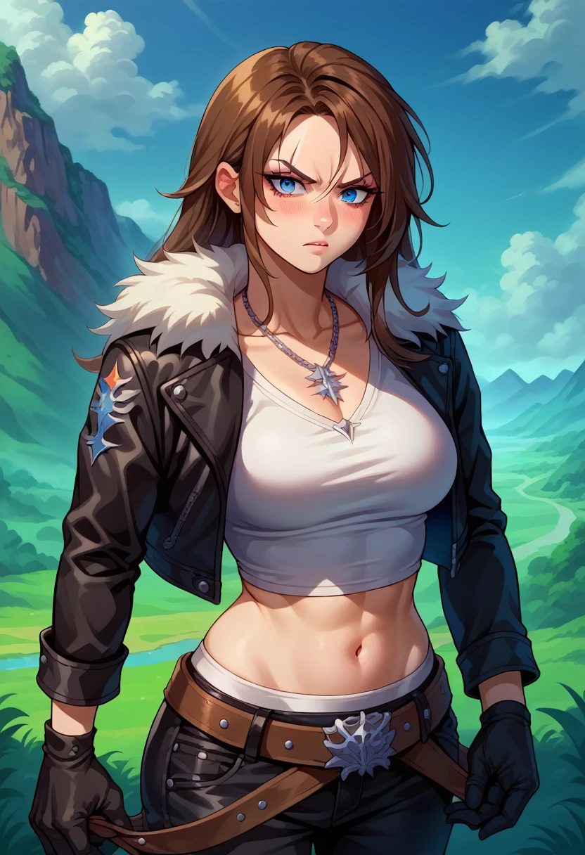 score_9, score_8_up, score_7_up, 1girl, solo, (female:1.5),female focus, female body, squall, necklace, brown hair, long hair, gloves, white crop top, blue eyes, shirt, black gloves, jacket, black jacket, fur trim jacket, black pants, belt,breasts, scar, diagonal scar, scar on face, parted bangs, angry, blushing, pulling down pants, white underwear, looking down, standing, landscape,