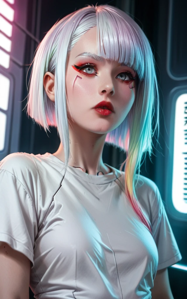 lucy \(cyberpunk\), wide angle, 1girl, hime cut, silver hair, colored tips, grey eyes, medium hair, multicolored hair, parted bangs, parted lips, pink hair, red eyeliner, red lips, white shirt, cyberpunk \(series\)