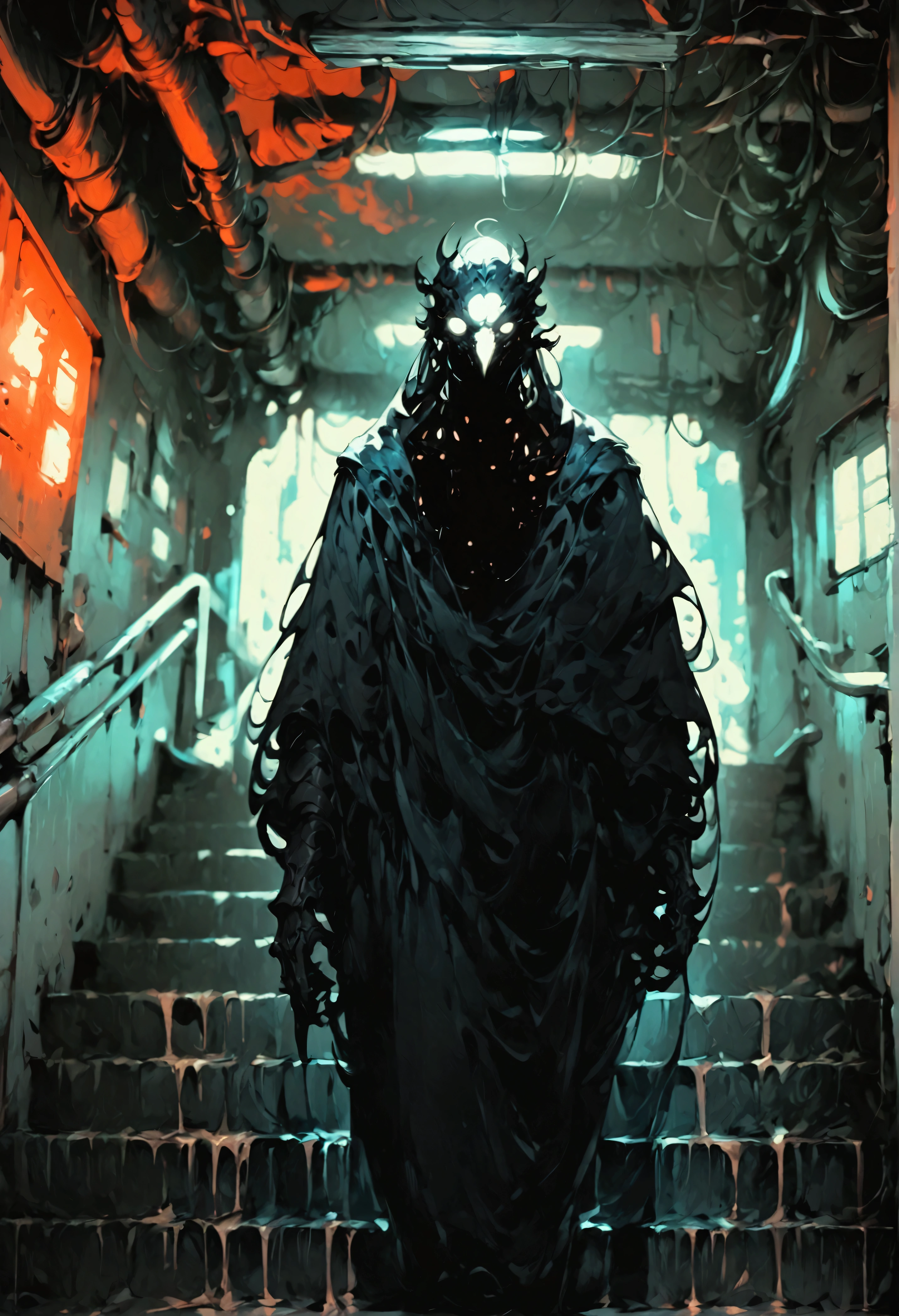 (score_9, score_8_up, score_7_up), zPDXL, 1 shadow, alone, looking at viewer, subway exit background, cyberpunk, abstract dark body, glowing white eyes, black face, black body, full body, his entire black body disembodied, going up the stairs, organic shadow, crows, humanoid figure wrapped in shadows, sinister and threatening figure, glowing eyes stand out in the darkness, almost amorphous dark silhouette, going up stairs, background with pipes and cyberpunk signs, ethereal almost liquid texture, it was made of a dark, viscous substance that drips and spreads, dark aura, black claws, seen from above,