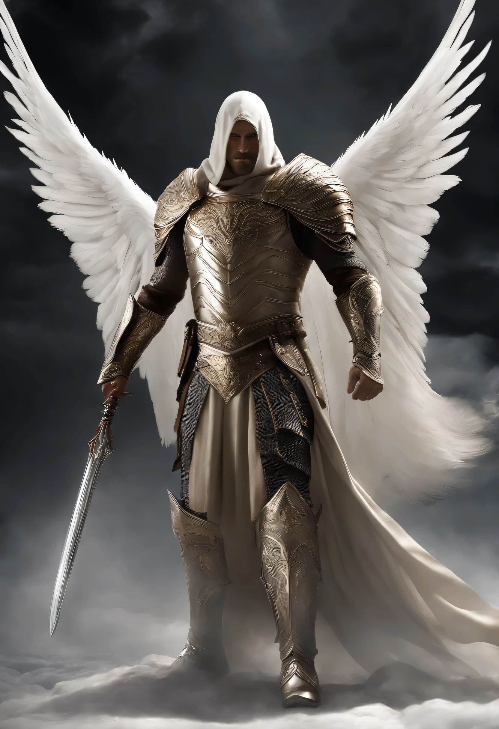 epic image of a male angel, long hair, without helmet, extremely detailed armor, white armor with gold details, powerful, glorious, strong, brandishing sword, frank frazeta style and concept art, Lights, many details, similar appearance to Tolkien&#39;s elves, in battle pose, FLYING IN THE SKIES, epic and mysterious dinner, Mythological and closed sky..