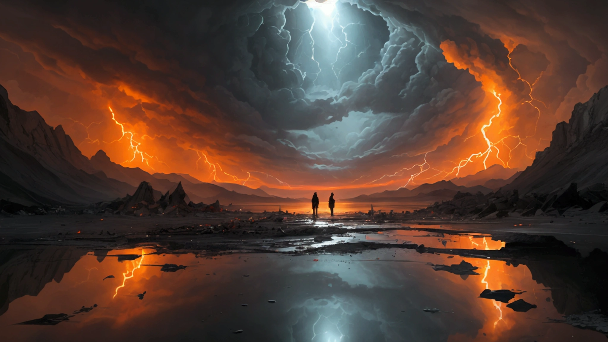 "Description: Illustrate a dramatic scene reflecting the global uncertainty and turmoil often associated with the end times. Show images of wars, natural disasters, and societal unrest juxtaposed with biblical prophecies, highlighting the increasing concern about living in the last days.
Details: Use a dark, moody color palette with intense reds, oranges, and grays to convey a sense of chaos and urgency. Include elements such as war-torn landscapes, raging storms, and scenes of moral decay, overlaid with excerpts of biblical prophecies. Show expressions of fear, confusion, and contemplation on the faces of diverse individuals, symbolizing the widespread concern and curiosity about the end times."