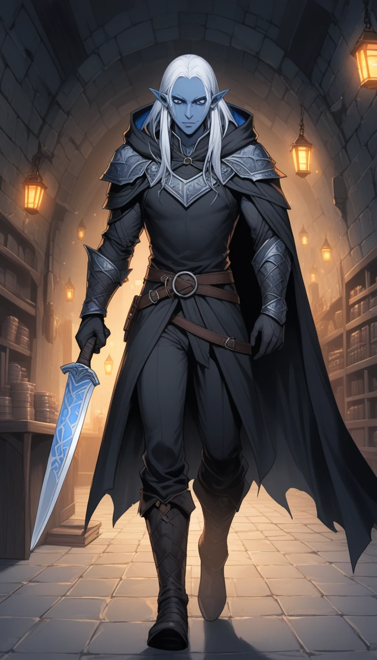 (1man, male, solo, Elf, Drow), (athletics, obsidian Skin, calm face expression), (silver straight hair, long haircut),
(Dungeons and Dragons, character), (Assassin), (walking),
(black jacket, black cape and hood, black pants, boots, gloves), (holding object, holding small knife),
(night king room background, dark room),
8K, RAW, best quality, ((masterpiece, best quality)), ultra high res, colorful, (medium wide shot), full body, (dynamic perspective), sharp focus, (depth of field, bokeh:1.3), extremely detailed eyes and face, beautiful detailed eyes,
