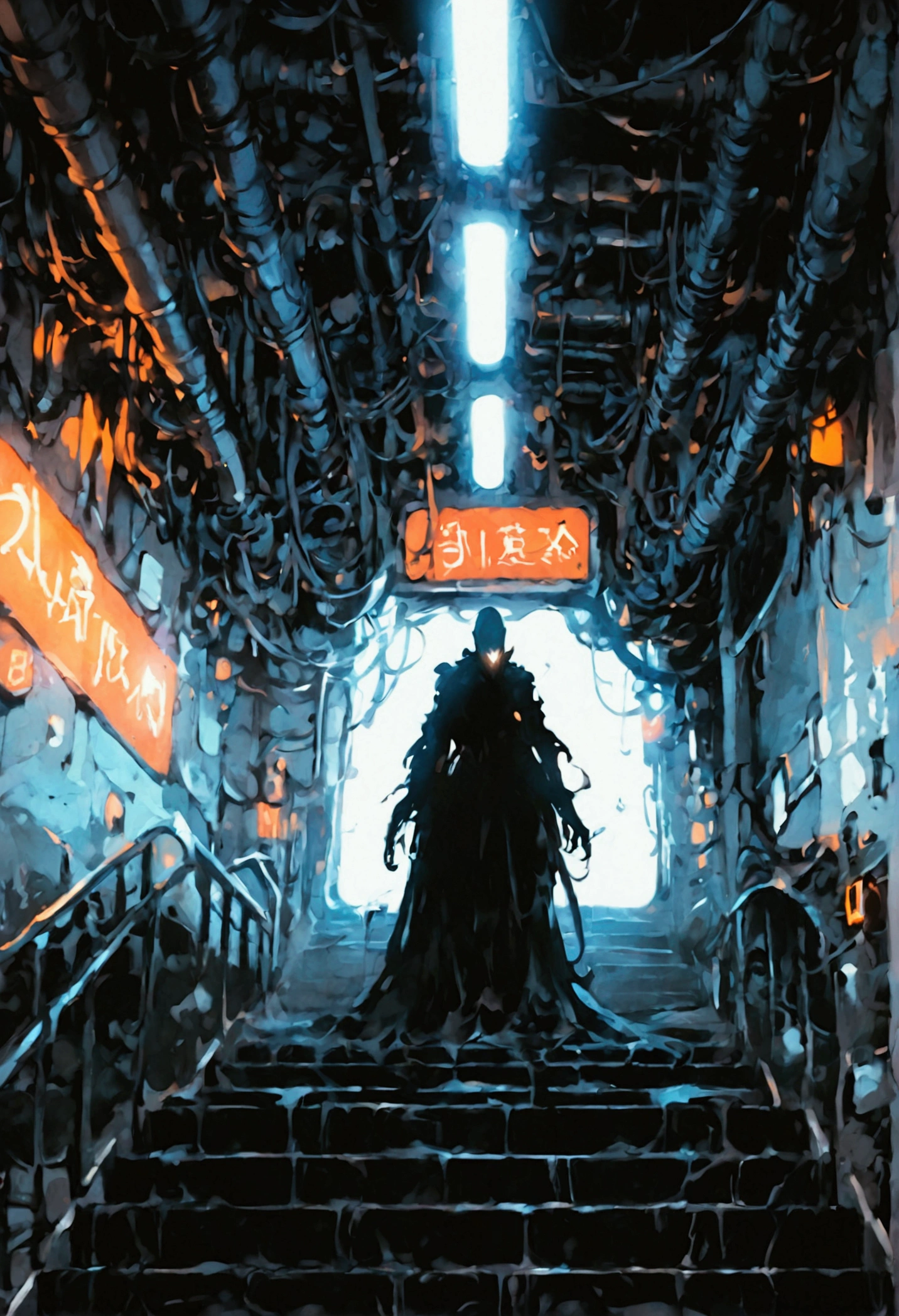 (score_9, score_8_up, score_7_up), zPDXL, 1 shadow, alone, looking at viewer, subway exit background, cyberpunk, abstract dark body, glowing white eyes, black face, black body, full body, his entire black body disembodied, going up the stairs, organic shadow, crows, humanoid figure wrapped in shadows, sinister and threatening figure, glowing eyes stand out in the darkness, almost amorphous dark silhouette, going up stairs, background with pipes and cyberpunk signs, ethereal almost liquid texture, it was made of a dark, viscous substance that drips and spreads, dark aura, black claws, seen from above,