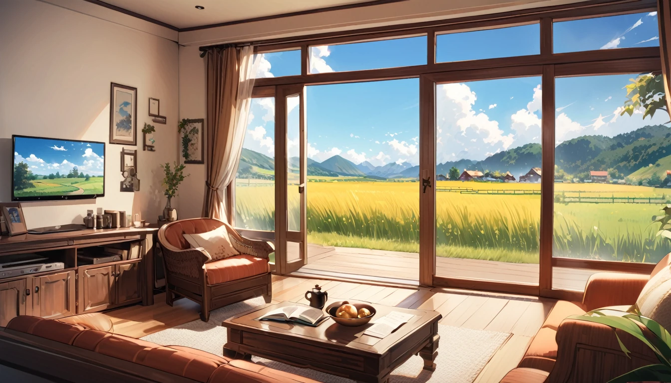「A fantastical, cartoon-like scene of a rural landscape seen from the living room。Through the big window、The lush countryside spreads out。In the living room、Cozy fireplace and comfy sofas、There is a wooden coffee table in front。Outside the window, rolling green hills and golden wheat fields spread out before you.、In the distance, windmills and small farms are scattered.、White clouds flow slowly in the sky、Harmonizing the tranquil beauty of nature。To match your living room decor