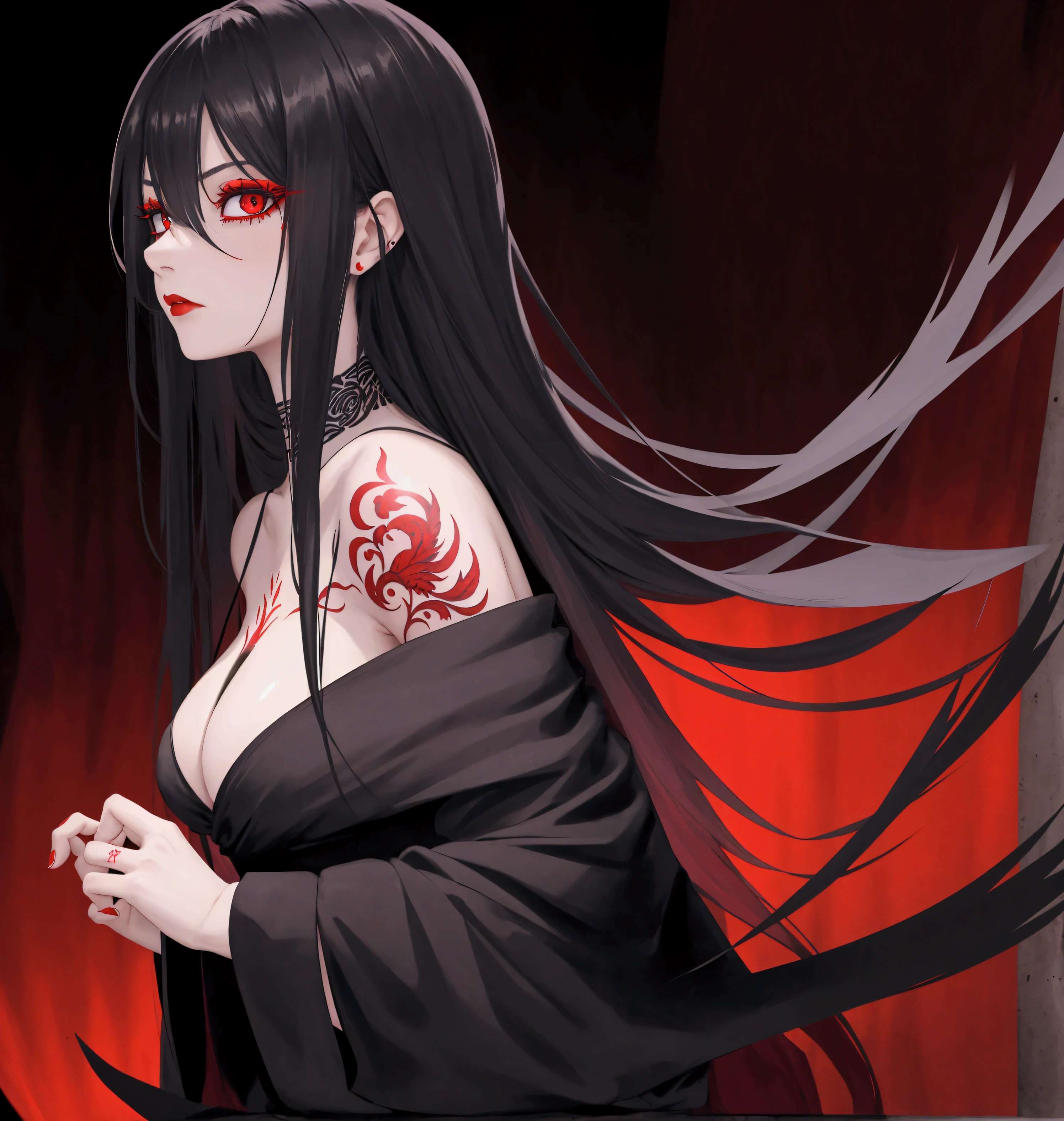Dark Japanese-style room、The dim light of the lantern、Late Night、Moonlight in the window、Dark Shadows、darkness、Beauty、Black long straight hair、Cool Beauty、Yakuza、Yakuza、Japanese mafia、sex appeal、Black loose yukata、Open the chest、Exposing bare skin、Alluring、Expose your breasts、floating々、Easy-to-play、poison々Good personality、spicy、Sweet perfume