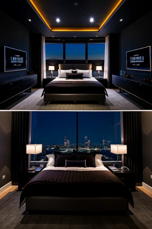 A dark luxury gamer-type room with a bed