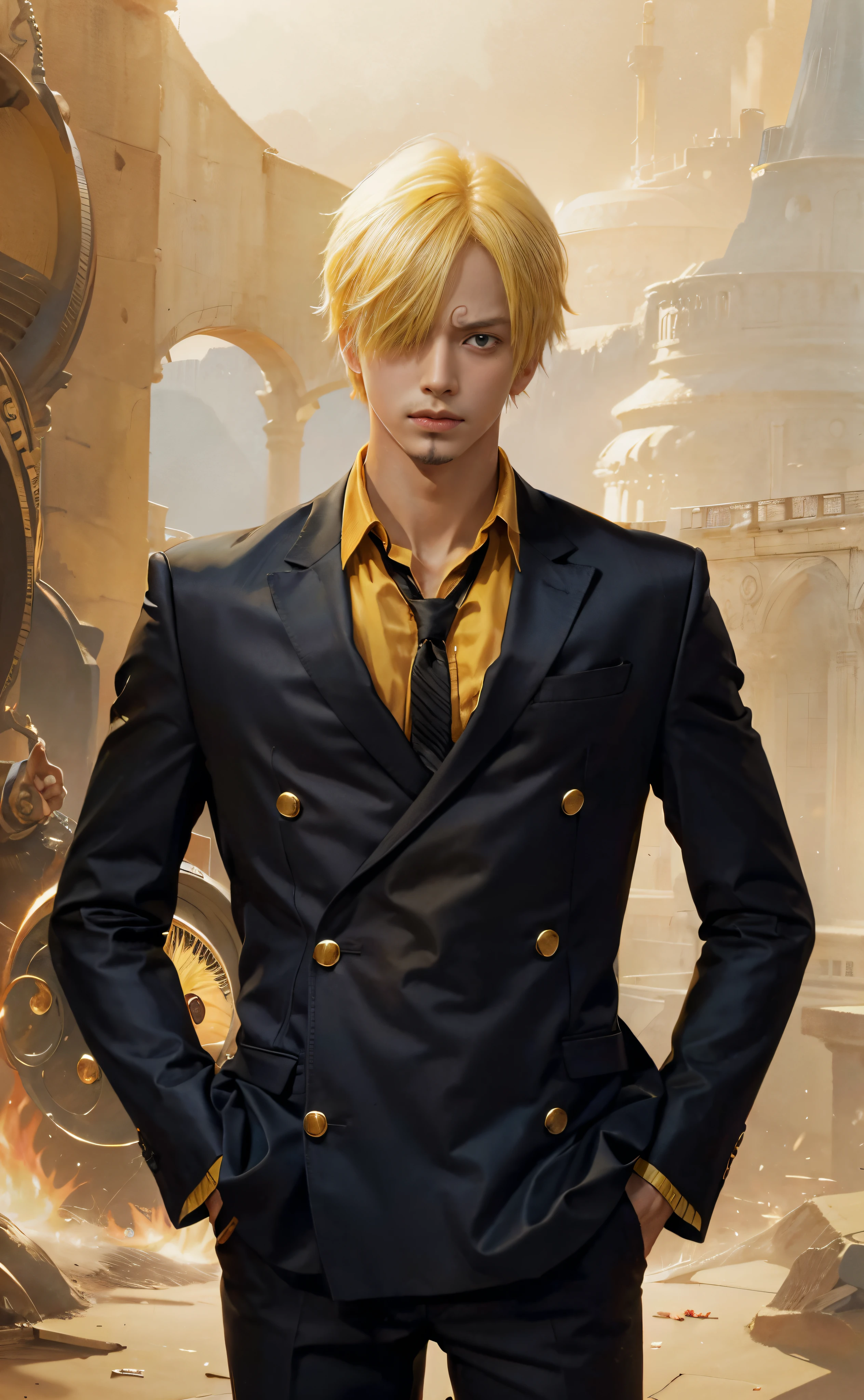 1man, sanji in anime one piece, short hair , yellow hair, black eyes, handsome, black clothes, realistic clothes, detail clothes, city background, ultra detail, realistic、Raise your right knee、Right foot engulfed in flames、