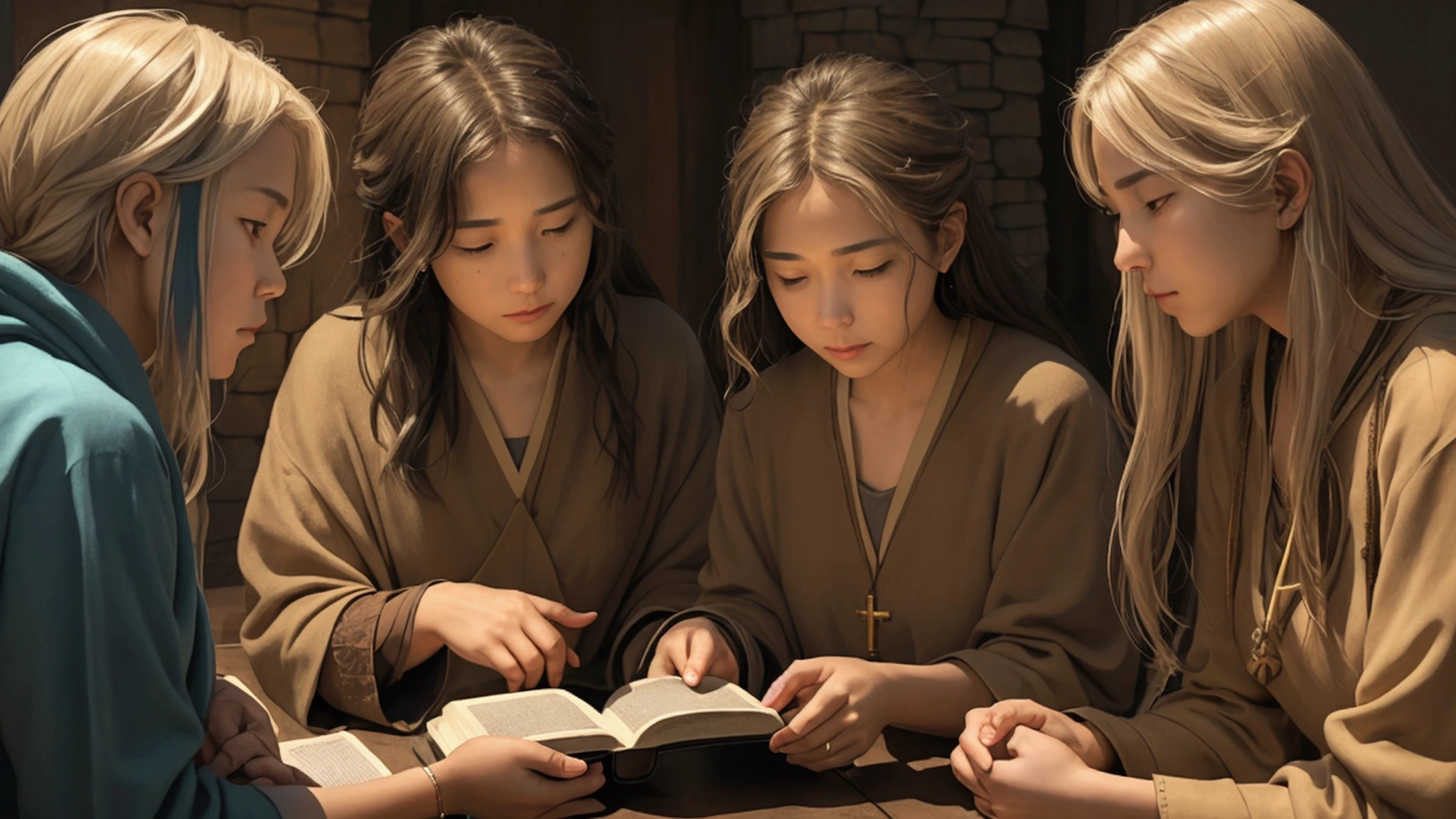 "Description: Illustrate a contemplative scene where individuals are pondering the significance of living in the last days as suggested by the Bible. Show diverse characters engaged in study, discussion, and reflection on the prophetic texts, seeking to understand their meaning in the context of today's world.
Details: Use a balanced color palette with a mix of warm and cool tones to create an atmosphere of thoughtful reflection. Include elements such as open Bibles, study groups, and peaceful natural settings where people can ponder. Show expressions of curiosity, concern, and spiritual seeking on the faces of those engaged, symbolizing the quest for understanding and meaning in these troubling times.