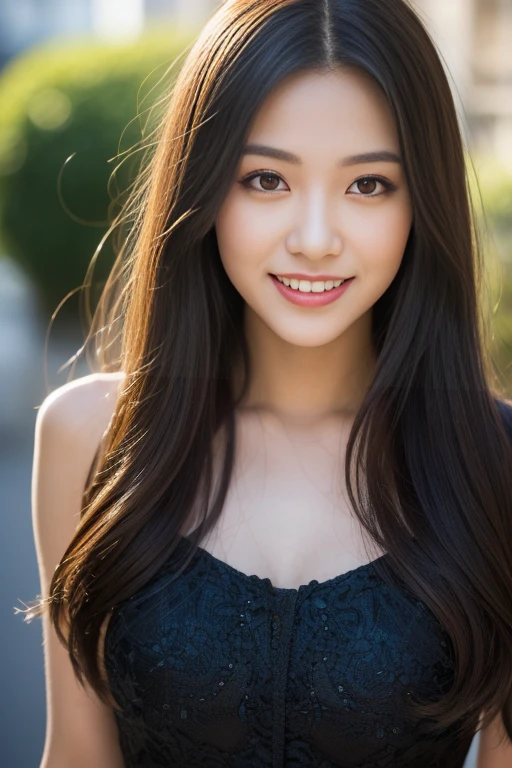 creates a photograph of a beautiful 22 year old woman, perfect silhouette, (full body:1.2), medium bust, (long hair: 1.2), highly detailed facial and skin texture, detailed eyes, double eyelid work, (black party dress:1. 3), sincere smile ((best quality, 8K, masterpiece :1. 3)), (sharp focus :1.2), perfect silhouette beautiful woman:1.4, 2), , (natural light, La rue de la ville:1.1), taken at a party