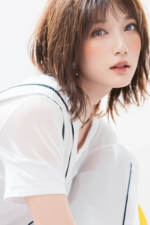 (Highest quality、8k、32K、masterpiece)、(Realistic)、(Realistic:1.2)、(High resolution)、Very detailed、Very beautiful face and eyes、1 girl、Round and small face、Tight waist、Delicate body、(close、Highest quality、Attention to detail、Rich skin detail)、(Highest quality、8k、Oil paints:1.2)、Very detailed、(Realistic、Realistic:1.37)、Bright colors、(((blush)))、(((I am brunette)))、(((From the chest up)))、((short hair、ponytail))、(((Pure white wall background)))、(((She is wearing a white T-shirt)))、(((Pure white wall background)))、(((It is a short-sleeved T-shirt)))、