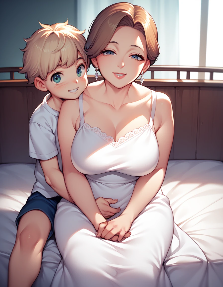 score_9, score_8_up, score_7_up, source_anime, 1boy, 1girl, mature female, mother and son, kid, smile, looking at viewer, The mother sits, son is grabbing, white dress, from behind