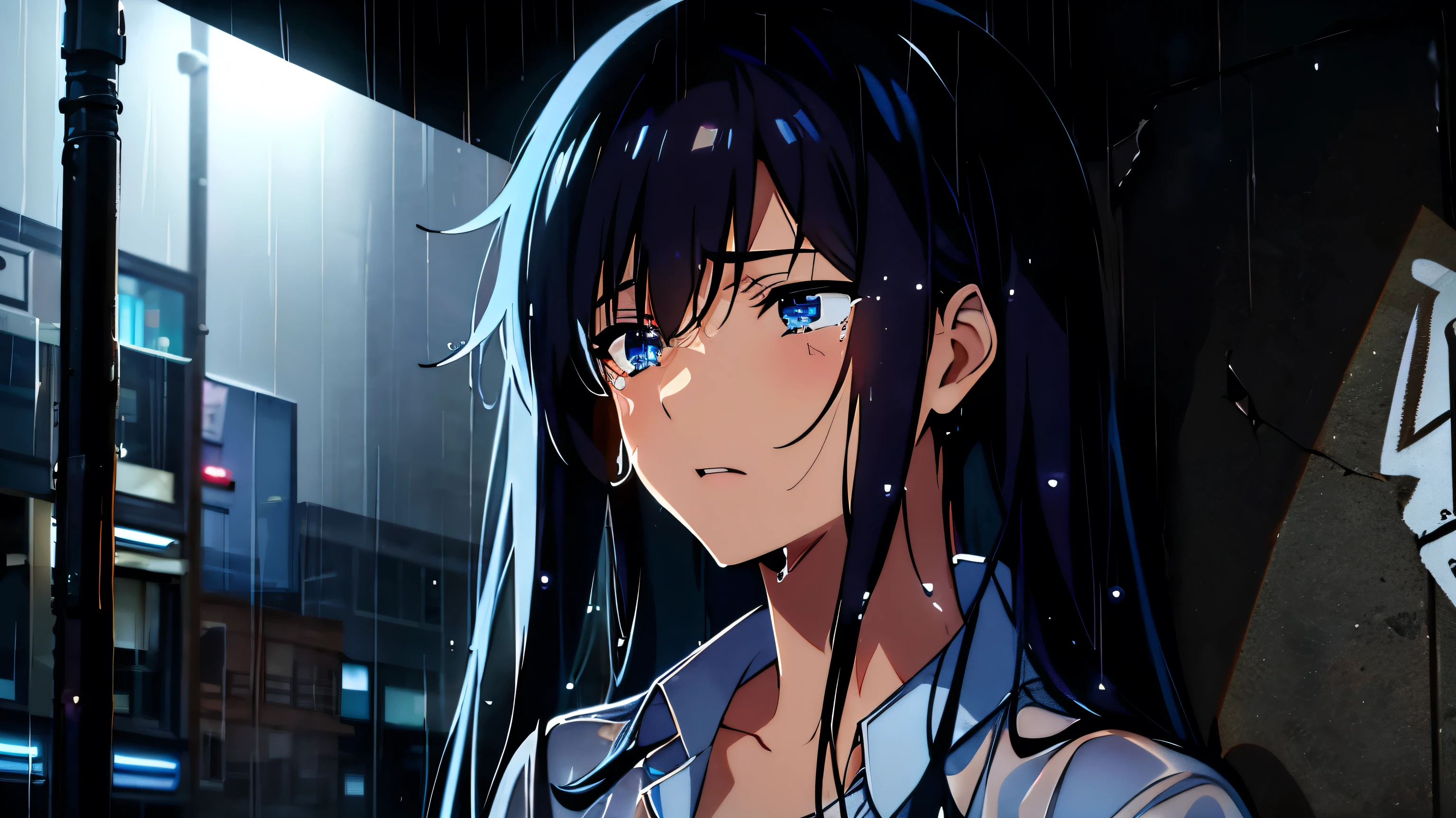 An anime-style scene of a young man leaning against a building in a dark alley. It's raining outside, and the rain adds to the somber atmosphere. The young man has long hair, partially wet from the rain, and he's smoking a cigarette. Tears are streaming down his face, mixing with the rain, and he looks deeply sad. Ensure the face is drawn accurately without deformations, capturing the emotion realistically. The dim streetlights cast soft shadows, and the background includes wet, reflective surfaces, graffiti-covered walls, and scattered debris, enhancing the melancholic mood.
