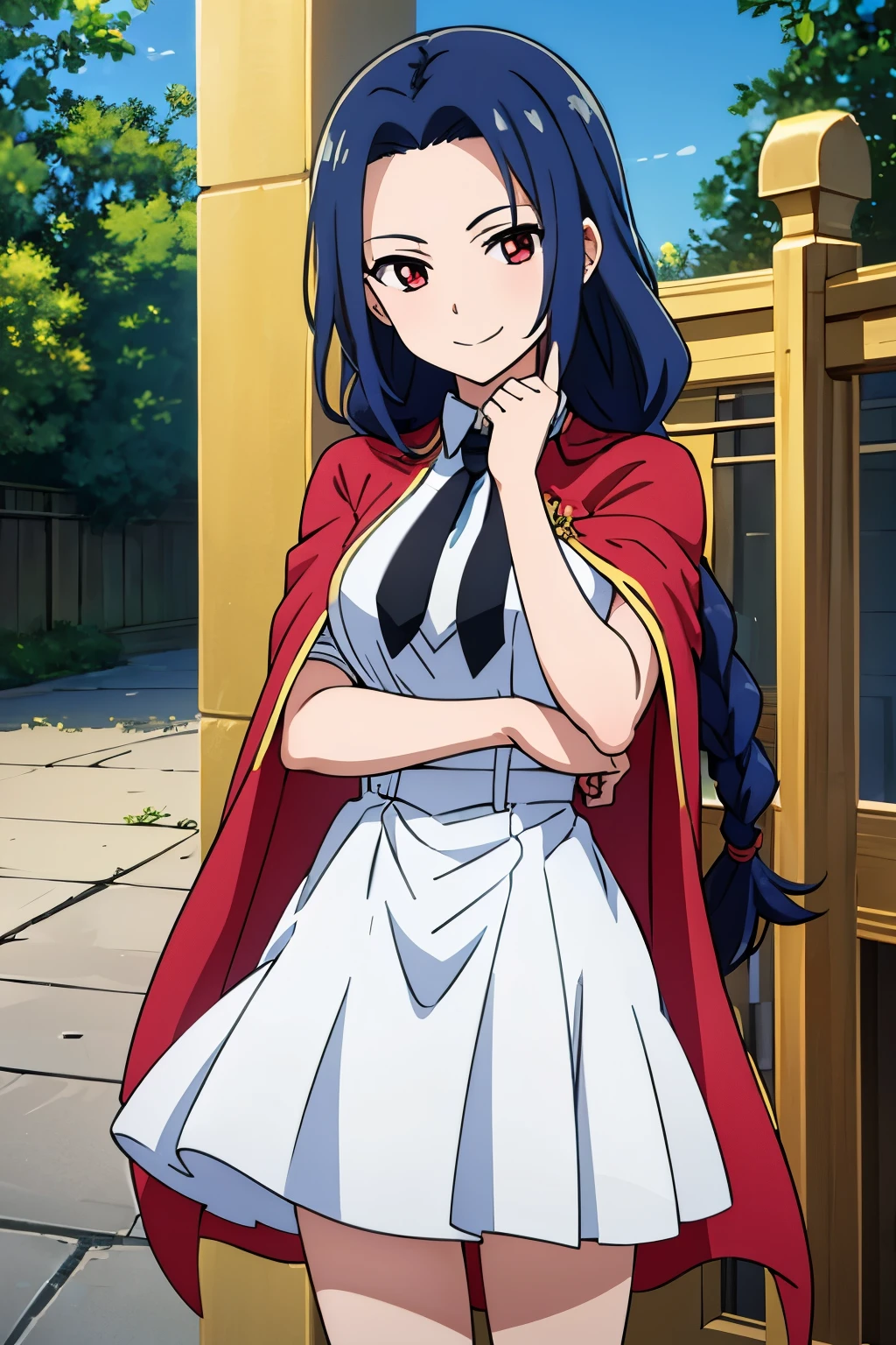 (masterpiece:1.2, Highest quality),(Anime Style),Visible from the knees to the head, girl,Blood red eyes,Tree Eyes,smile,(Sky blue hair),Bangs divided into left and right,Long Hair,Braids Half Up,Tie your hair back a little,amount,White Dress,Gold-trimmed cape,(Red blazer),In front of the gate,road,Stick out your index finger