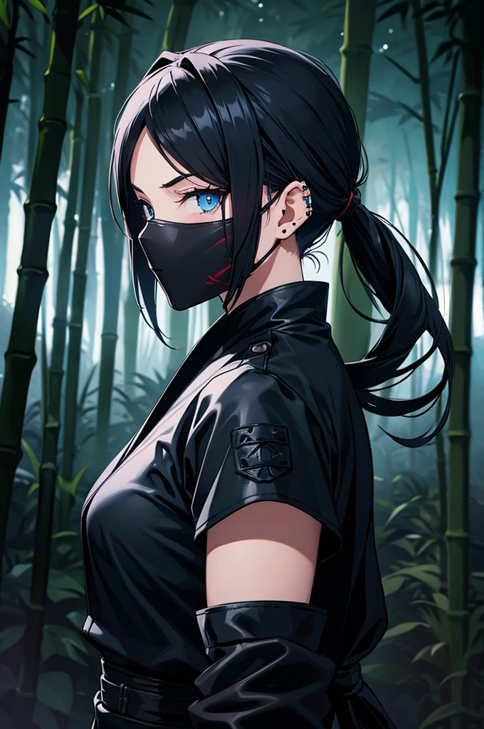 anime, female, ninja, bamboo forest, black hair tied back, half mask, piercing blue eyes, night time, fog, worn black leather clothing, tanto