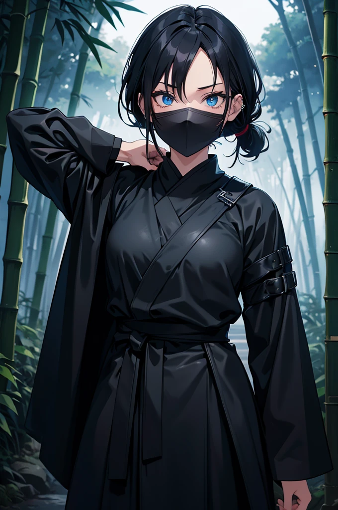 anime, female, ninja, bamboo forest, black hair tied back, half mask, piercing blue eyes, night time, fog, worn black leather clothing, tanto