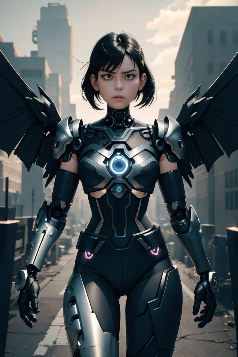 (8k), high-detailed face,work of art, Bela , gigantic black cyborg wings, wings have neon lights, open wings,, in tight metal armor, metallic belt, Electronic armature elements, 20 year, the skin beneath the suit has shiny lines, shoulder length black hair, a cyborg eye, Standing, serious expression, cinematic lighting, Burning cyberpunk city in the distance, flat-chested