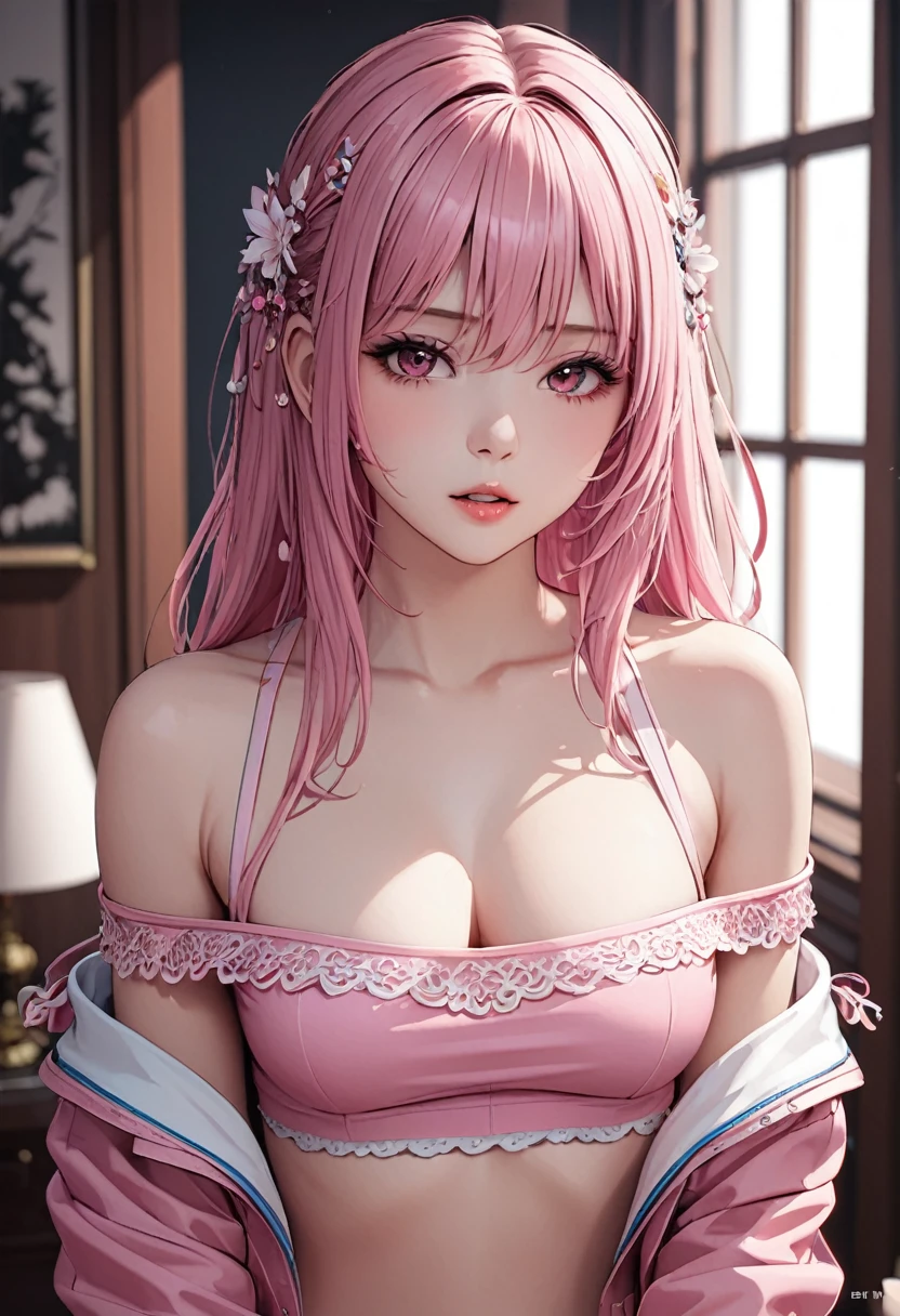 ((Extremely detailed)),(Very detailed), Very detailed CG ユニティ 8k 壁紙,Highest quality, masterpiece, Emily_t8, Off the shoulder, Pink Crop Top,