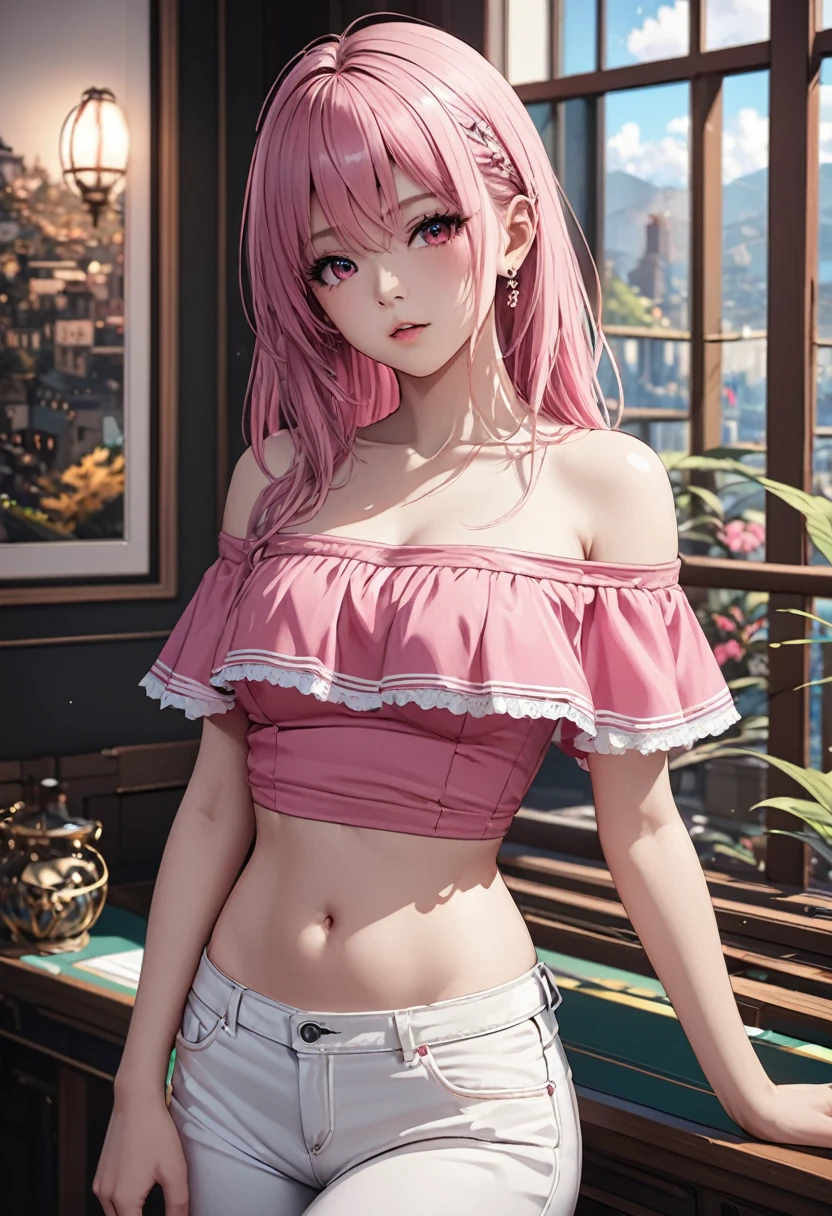 ((Extremely detailed)),(Very detailed), Very detailed CG ユニティ 8k 壁紙,Highest quality, masterpiece, Emily_t8, Off the shoulder,  Pink Crop Top,