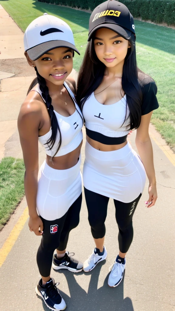 2 girls, several girls,(high level image quality),(high quality),(High resolution),(Details),(masterpiece),(artwork:1.2), (realist),looking at the viewer, detailed eyes, Perfect eyes, detailed face,(baseball cap),dynamic pose,(completely white background),((leg warmers)),(crop top),(under the chest),(Line art),(from above:1.2), (sneakers),