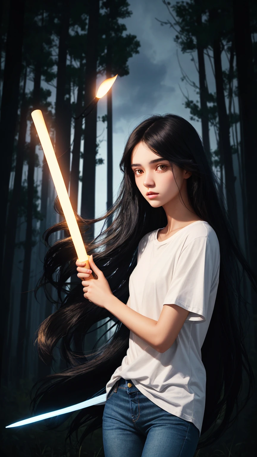 a digital illustration of a long black haired teenage girl holding a glowing stick. The girl is wearing a plain white t-shirt and jeans. the background is dark and spooky