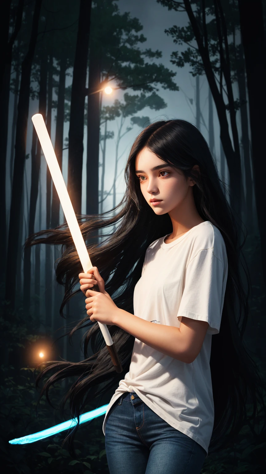 a digital illustration of a long black haired teenage girl holding a glowing stick. The girl is wearing a plain white t-shirt and jeans. the background is dark and spooky