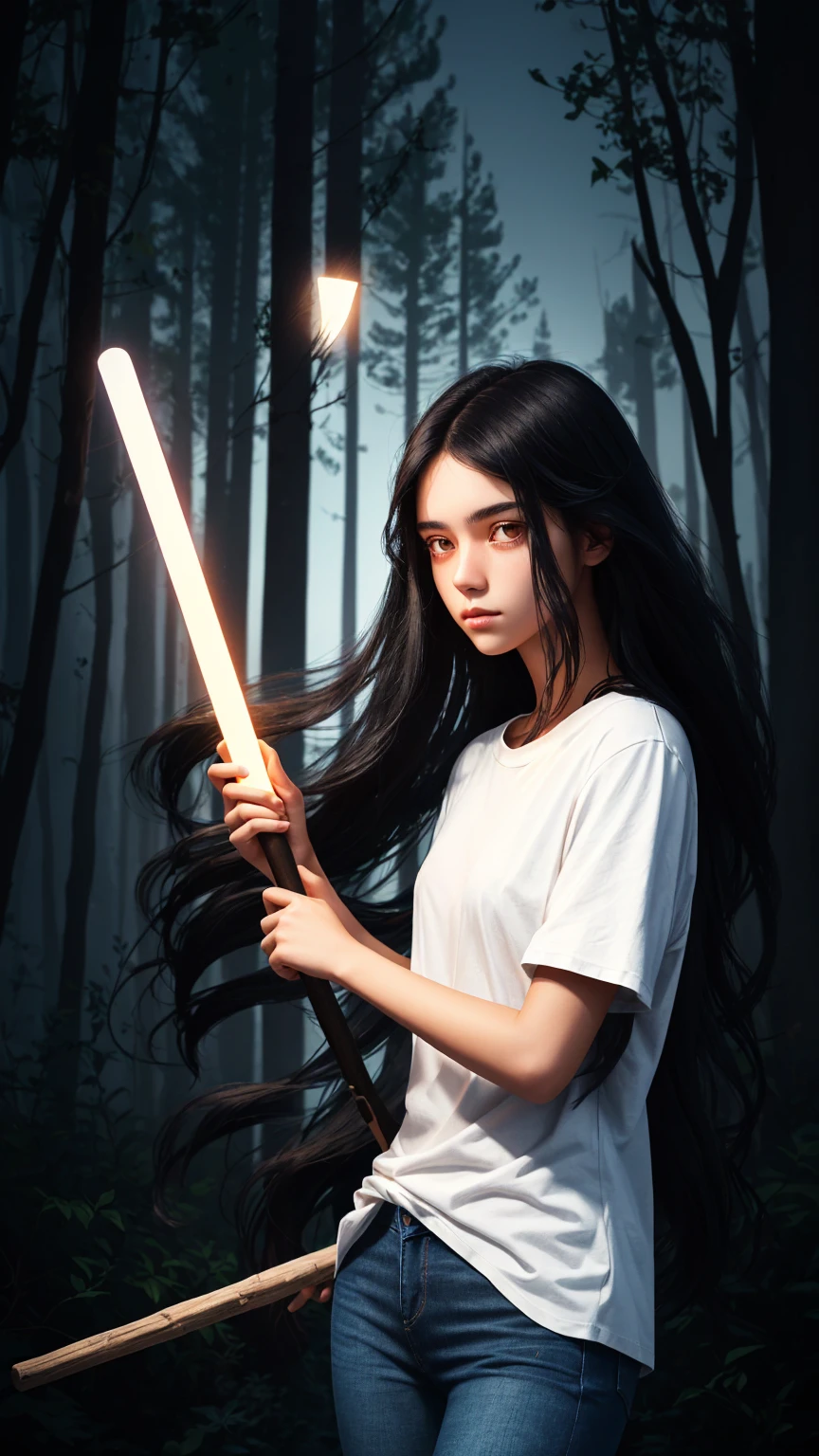 a digital illustration of a long black haired teenage girl holding a glowing stick. The girl is wearing a plain white t-shirt and jeans. the background is dark and spooky