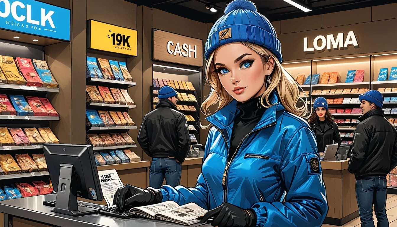 
(inside), (((girl in Blue zipped up down winter jacket and black turtleneck )) and (jeans) and blue gloves and (((blue winter hat)))) stands with packages at the boutique cash desk,adult, [Nordic], Hourglass elongated fitness body, perfect Olive skin, Oval Face, Rounded shoulders, perfect hand, (Short blonde Waves pixie hair), snub nose, Arched eyebrows, ((Monolid blue Eyes)), High Round Narrow cheekbones, Dimpled Cheeks, Rounded Chin, Rounded Jawline, Full nude Lips, (blue eyes), Nude Makeup Look, long eyelashes, third breast size, long slim fitness legs, 
sign for a clothing store in a shopping center, woman boutique winter clothes, 
in a black T-shirt, down jackets, winter boots, turtlenecks, jeans, winter hats,
sales assistant at the cash counter,graphic style of novel comics, 2d, 8k, hyperrealism, masterpiece, high resolution, best quality, ultra-detailed, super realistic, Hyperrealistic art, high-quality, ultra high res, highest detailed, lot of details, Extremely high-resolution details, incredibly lifelike, colourful, soft cinematic light,
