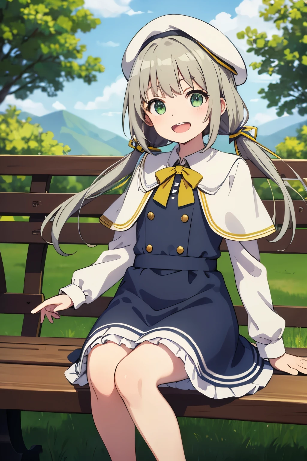 (masterpiece:1.2, Highest quality),Visible from the knees to the head, -yeld giGreen and yellow-green eyes,Drooping eyes,smile,Laughing with open mouth,(Silver Hair),Pigtails,Wearing a beret,Beige dress with gold trim,Short cape,Black Ribbon,Tree-lined street,Sitting on a bench,Stick out your index finger