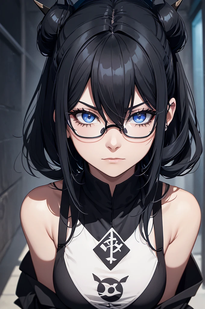 A woman, with black hair and blue highlights. Her eyes are black, she wears glasses, and she has a black spot on her left eye. She has a black sleeveless shirt with a gray Japanese symbol in the center, two small horns and a dripping halo. She wears dark pants, black boots and has a serious expression. All this in medieval style.