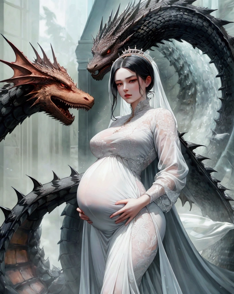 Pregnant queen with black hair, dragon in background, clear clothing, beautiful, Porcelain Skin,((high qualiy)), ((work of art)), ((ultra HD)),