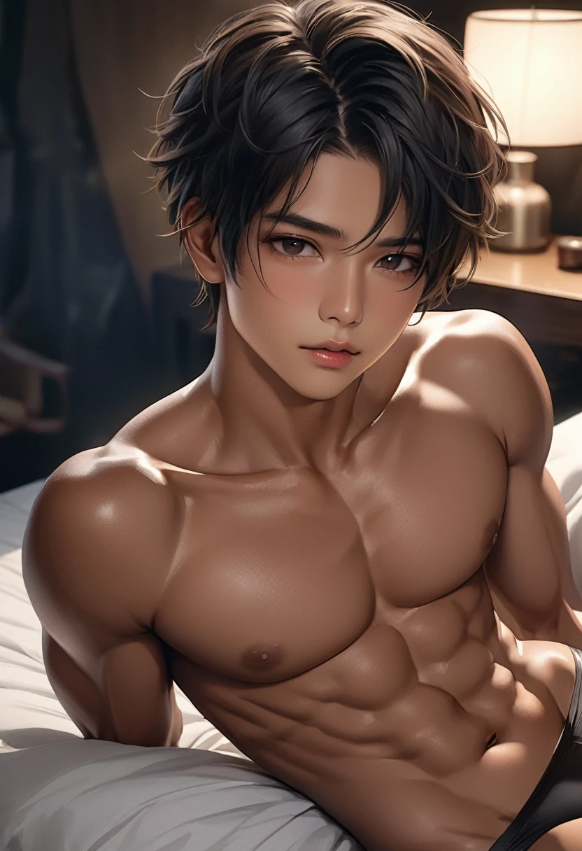 high quality, detailed, Realistic,(one tanned japanese boys:1.5), (tanned face), (detailed black eyes), (black short hair), (muscle:1.2), (tanned dark brown skin), night bed, (black tiny thong), (bulge), (detailed nipples), (detailed areola), best quality, 4k, 8k, highres, (masterpiece:1.2),ultra-detailed, (realistic, photorealistic, photo-realistic:1.37), looking at viewer, (face close up:0.7),--no watch,