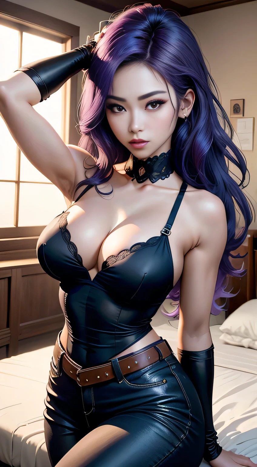 sfw, ((Realistic light, Best Quality, 8k, Masterpiece :1.3)), taking selfies, 1girl, beautiful woman with perfect figure :1.4, abs :1.1, purple hair, Arabian dress :1.4,belts :1.2, translucent bed inserts, ultra-detailed face, A detailed eye, double eyelid, ( MIYAMA-ZERO)Perfect Hands Perfect Fingers Perfect Breasts Perfect Hair Perfect Face Perfect Body, Dynamic angle M, wearing bra,((skinny waist)), young asian girl, ((big breasted)),