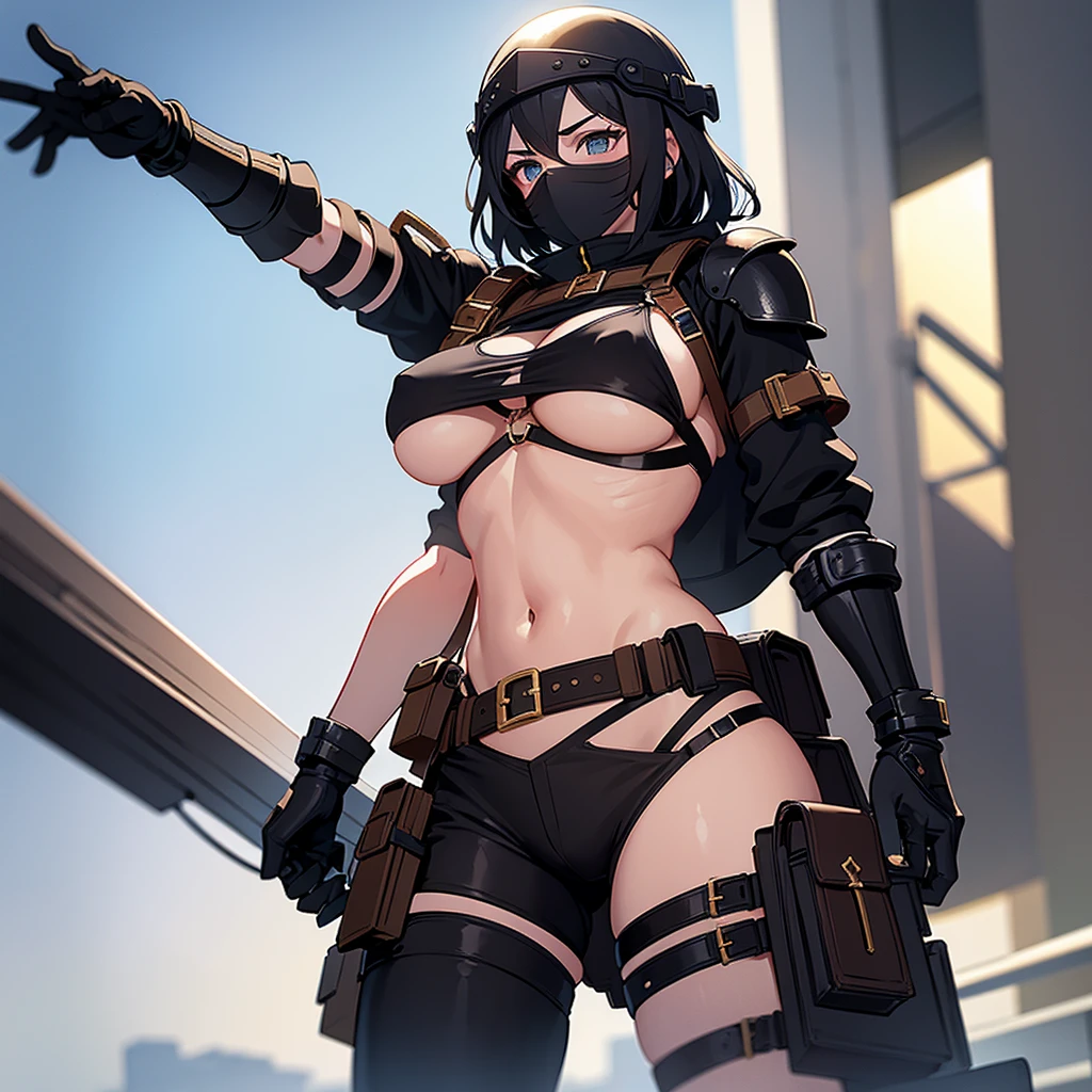 Girl, harness, bikini, underboob, heavy armor, black balaclava, helmet, leg pouch, belt, pants over bikini, 