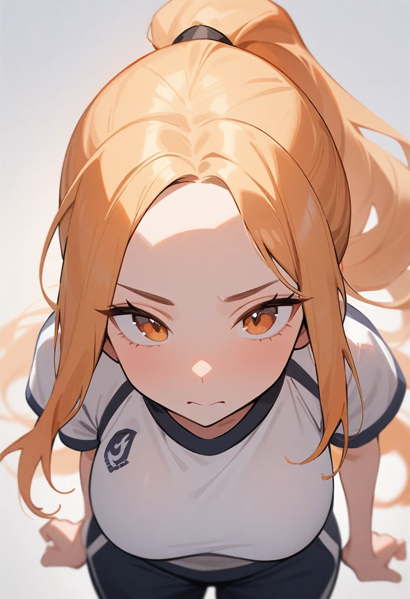 ((masterpiece:1.2, best quality)), 1aldy, solo, (gym clothes), platinum blonde, long hair, (top view, front focus, looking straight ahead), (forehead), jumping, Above the waist, ponytail, big tits, nami:1.1