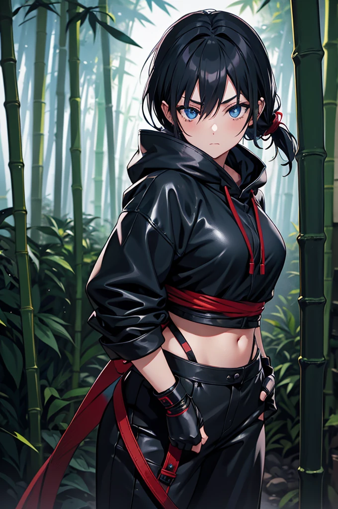 anime, female, ninja, bamboo forest, black hair tied up, half mask, piercing blue eyes, night time, fog, worn black leather clothing, tanto, red strapping, hood