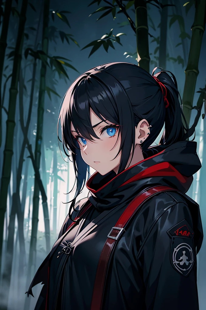 anime, female, ninja, bamboo forest, black hair tied up, half mask, piercing blue eyes, night time, fog, worn black leather clothing, tanto, red strapping, hood