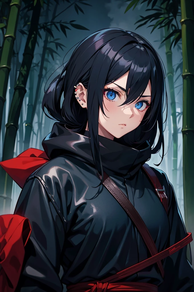anime, female, ninja, bamboo forest, black hair tied up, half mask, piercing blue eyes, night time, fog, worn black leather clothing, tanto, red strapping, hood
