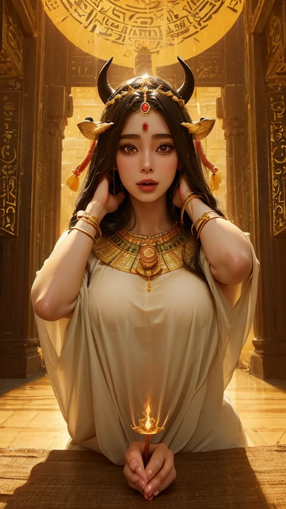 Create an illustration of Hathor, the Egyptian goddess of love, music, and joy. She stands gracefully in an ancient temple adorned with intricate hieroglyphs. Hathor wears a beautiful headdress featuring cow horns and a solar disk, and her flowing gown shimmers in the warm sunlight. Surround her with symbols of beauty and fertility, such as lotus flowers and musical instruments. Her serene and loving expression radiates a divine presence, capturing the essence of her role as a nurturing and joyous deity