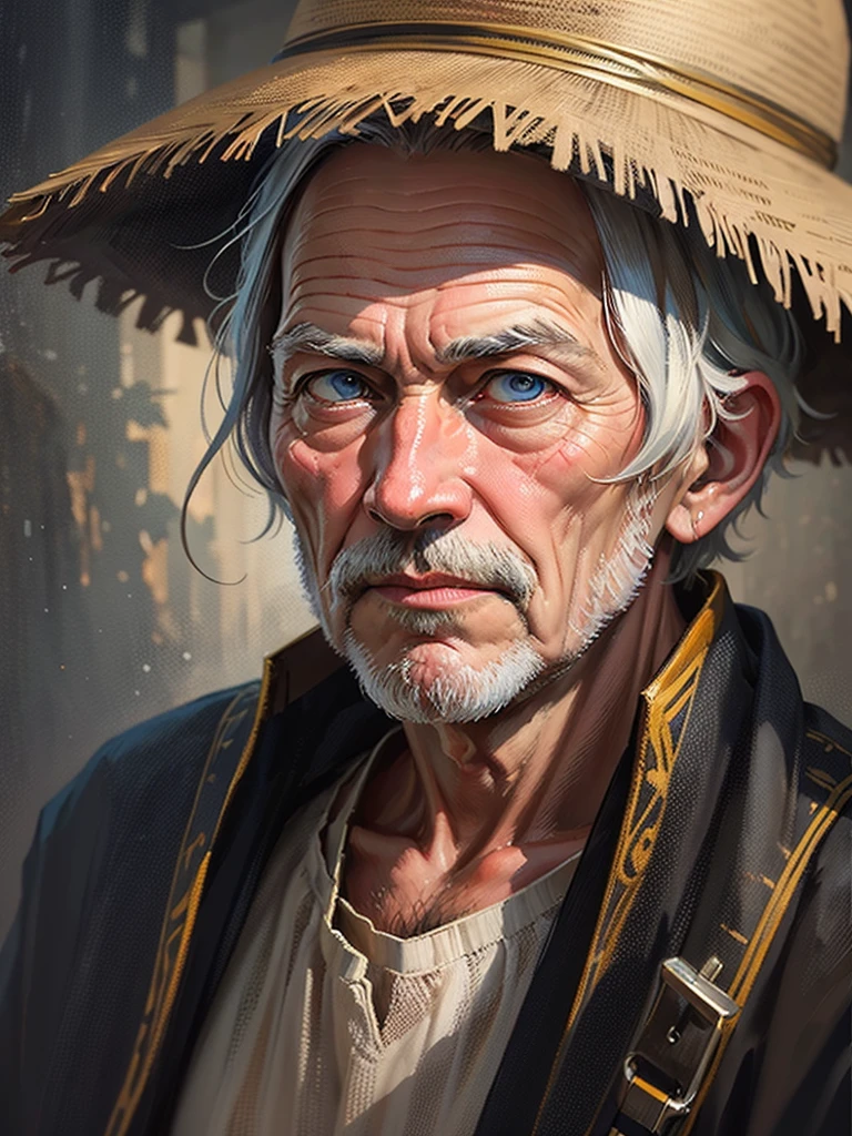 an oil painting,da vinci art style。old man in haystack, messy hair,Guviz style artwork,,Artistic creativity:1.37,Sweet,Wonderful and magical,Exquisite,Natural soft light, eyes,