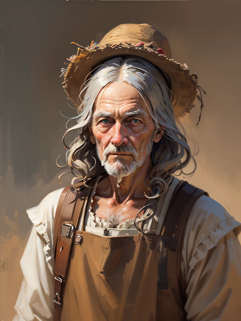 an oil painting,da vinci art style。old man in haystack, messy hair,Guviz style artwork,,Artistic creativity:1.37,Sweet,Wonderful and magical,Exquisite,Natural soft light, eyes,