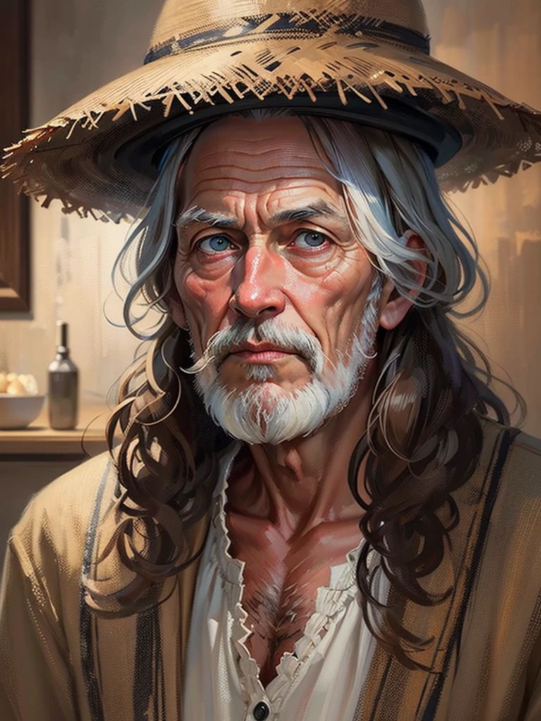 an oil painting，da vinci art style。old man in haystack, messy  hair，Guviz style artwork,，Artistic creativity:1.37,Sweet，Wonderful and magical，Exquisite，Natural soft light， eyes，