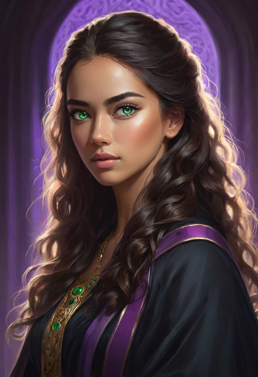 a portrait of a 19 year old royal human woman with green eyes, tan skin, long curly black hair, angular features, character portrait by senior character artist, Artstation, fantasy art, stunning character art, fantasy concept art portrait, epic exquisite character art, character portrait art, fantasy character portrait, fantasy female portrait, character concept art portrait, character art portrait, beautiful woman, (muted natural colors: 1.3), 1 critical role, human ears, muscular, wearing black robes accented with purple, monochromatic background