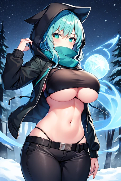 1girl, blue hair, medium hair, huge breasts, breasts, green eyes, scarf, covered mouth, jacket, forest, snow, black jacket, hoddie, hooded jacket, hood on, hood up, zipper, gloves, glowing hair, glowing eyes, light blue hair, sky blue hair, night sky, sky, stars, pants, tall, hourglass figure, mature female, thick thighs, pants, belt, long pants, bikini top, strap