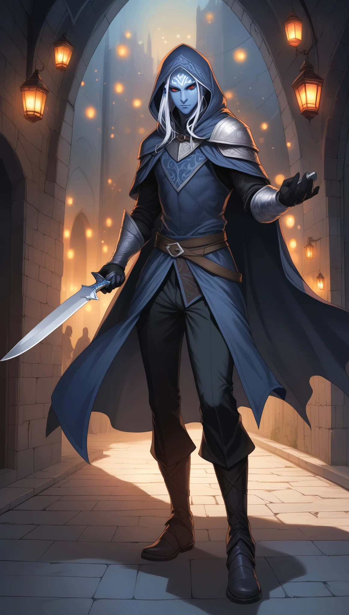 (1man, male, solo, Elf, Drow), (athletics, obsidian Skin, red eyes, calm face expression), (silver straight hair, long haircut),
(Dungeons and Dragons, character), (Assassin), (walking),
(black jacket, black cape and hood, black pants, boots, gloves), (holding object, holding small knife:1.25),
(night king room background, dark room),
8K, RAW, best quality, ((masterpiece, best quality)), ultra high res, colorful, (medium wide shot), full body, (dynamic perspective), sharp focus, (depth of field, bokeh:1.3), extremely detailed eyes and face, beautiful detailed eyes,